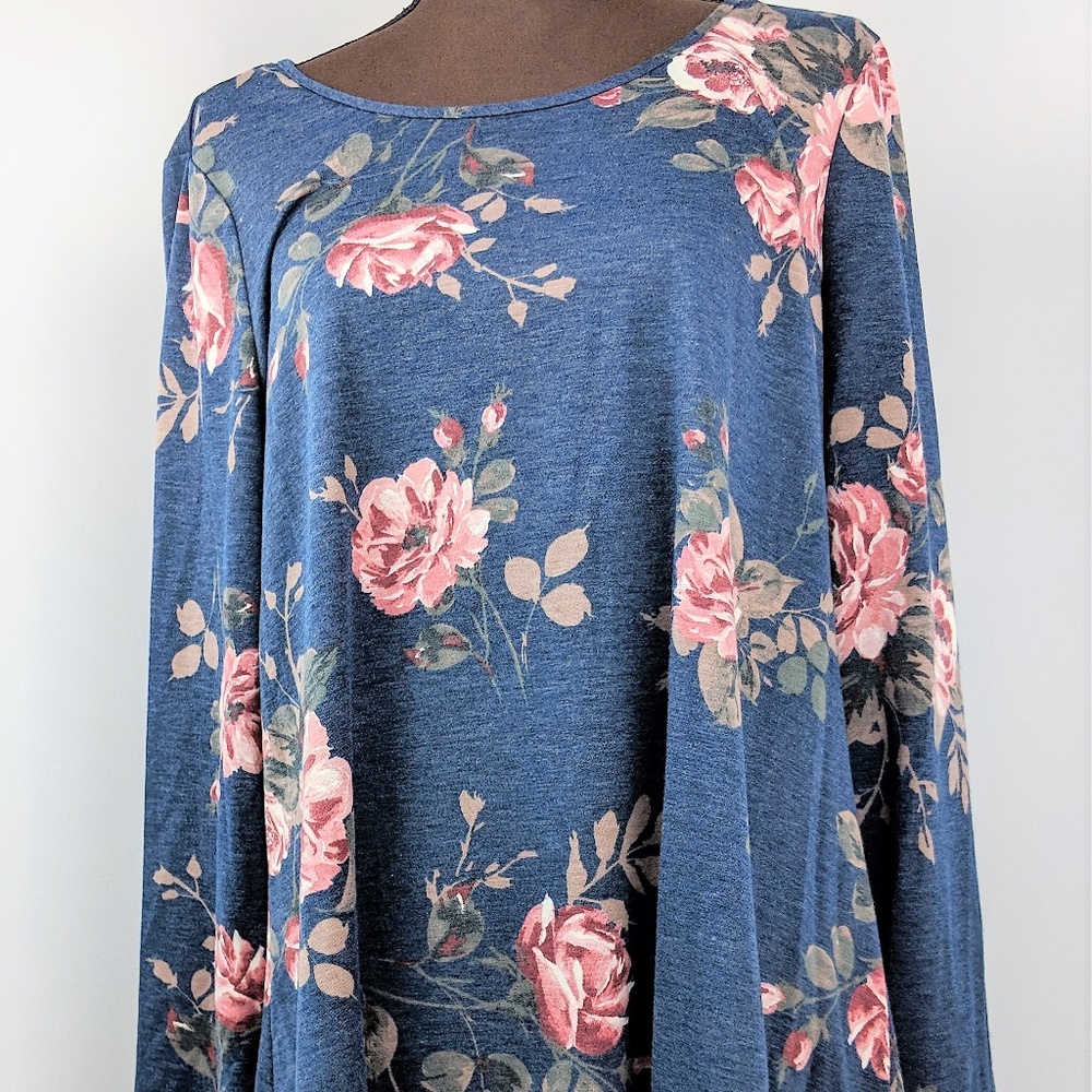 By & By Juniors Babydoll Dress LS Blue Floral